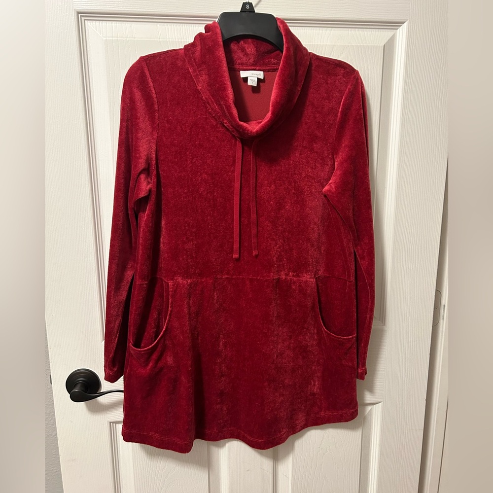 Pure Jill Velour sweater Red cowl neck drawstring Small lagenlook Holidays